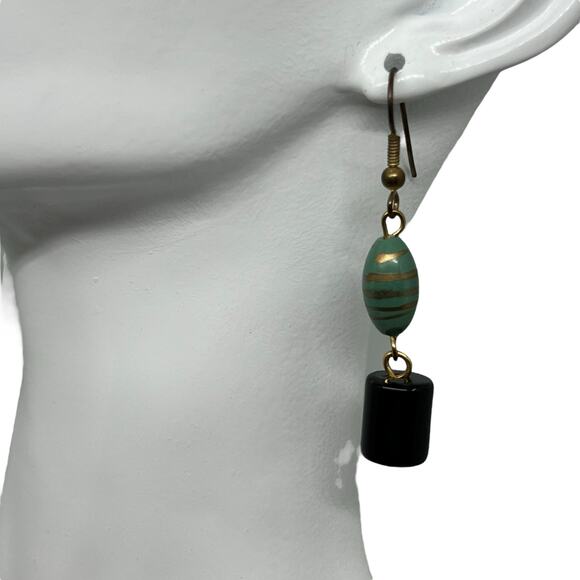 Boho Turquoise & Black Drop Earring - Gold-Tone Striped Jade Bead Dangle - Picture 3 of 7